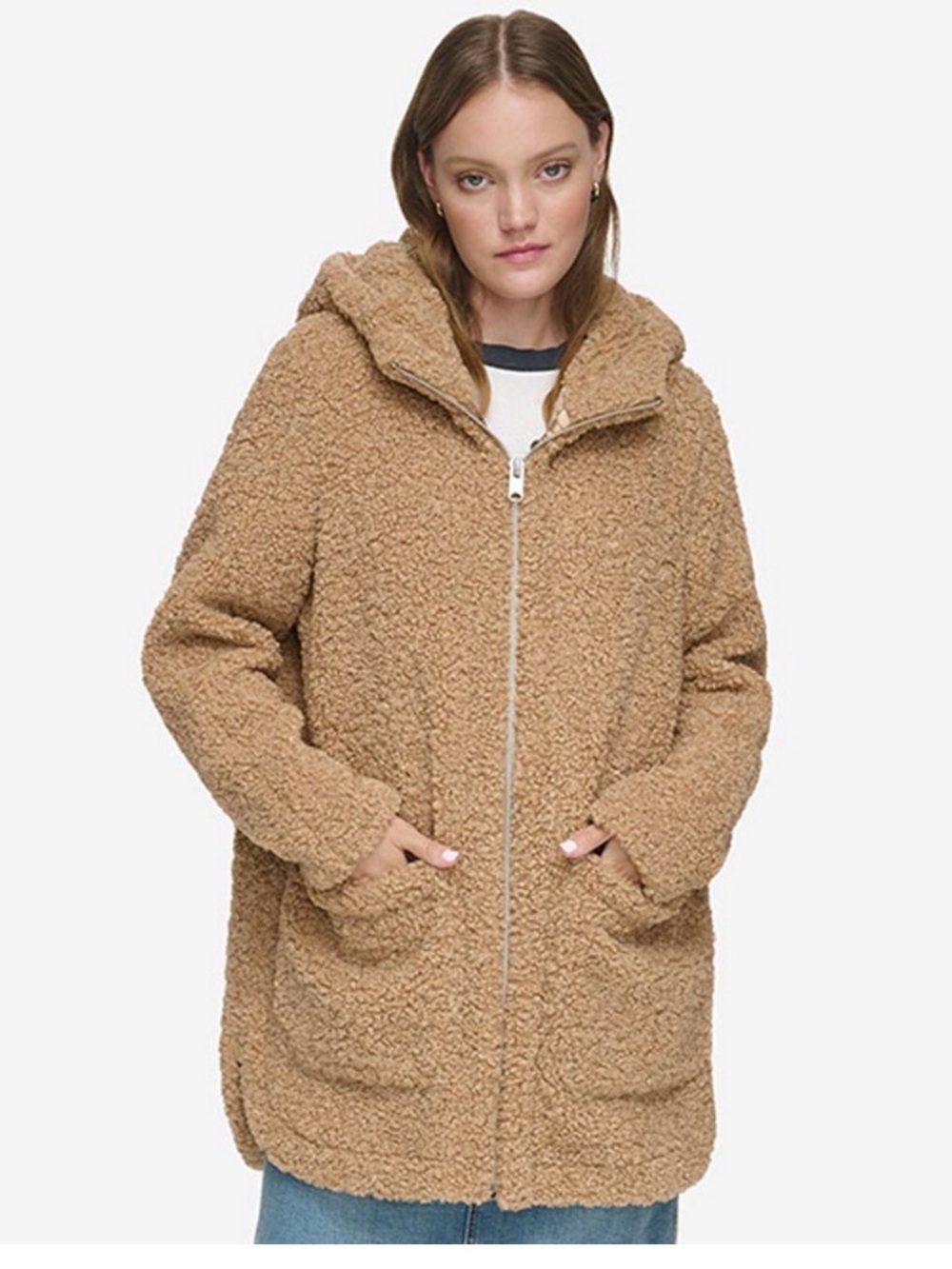 Andrew Marc Camel Teddy Zip-Up Hooded Jacket